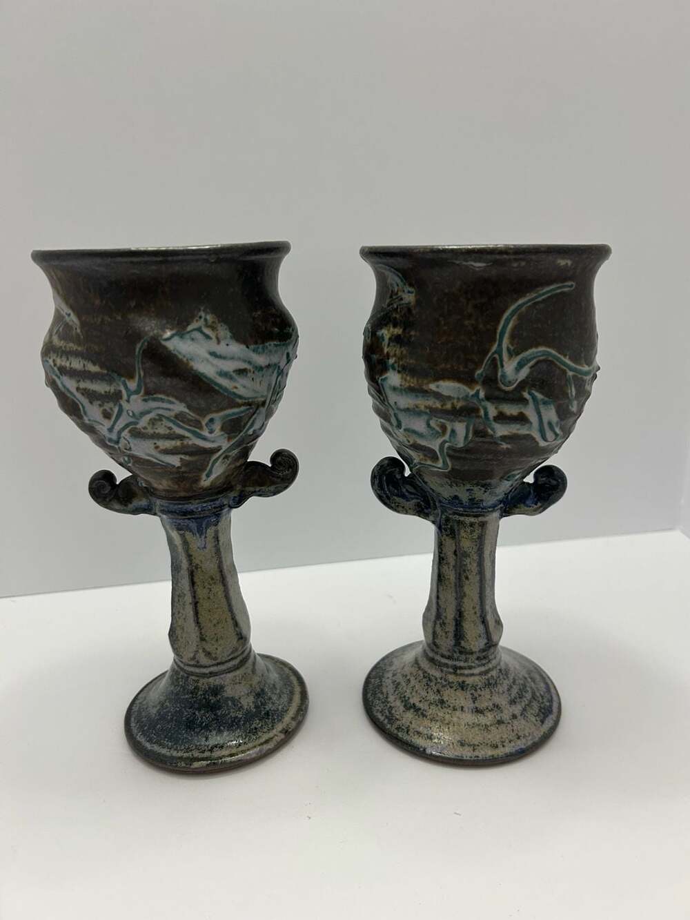 Set of 2 Artisan Handcrafted Studio Pottery Chalices Goblets